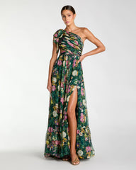One Shoulder Floral Printed Chiffon Side Cut Out Gown
