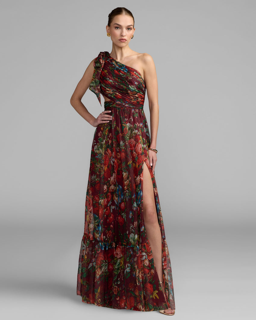 One Shoulder Floral Printed Chiffon Side Cut Out Gown