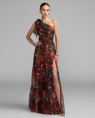 One Shoulder Floral Printed Chiffon Side Cut Out Gown
