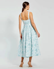 Blue Sleeveless Brocade Midi Dress With Bow
