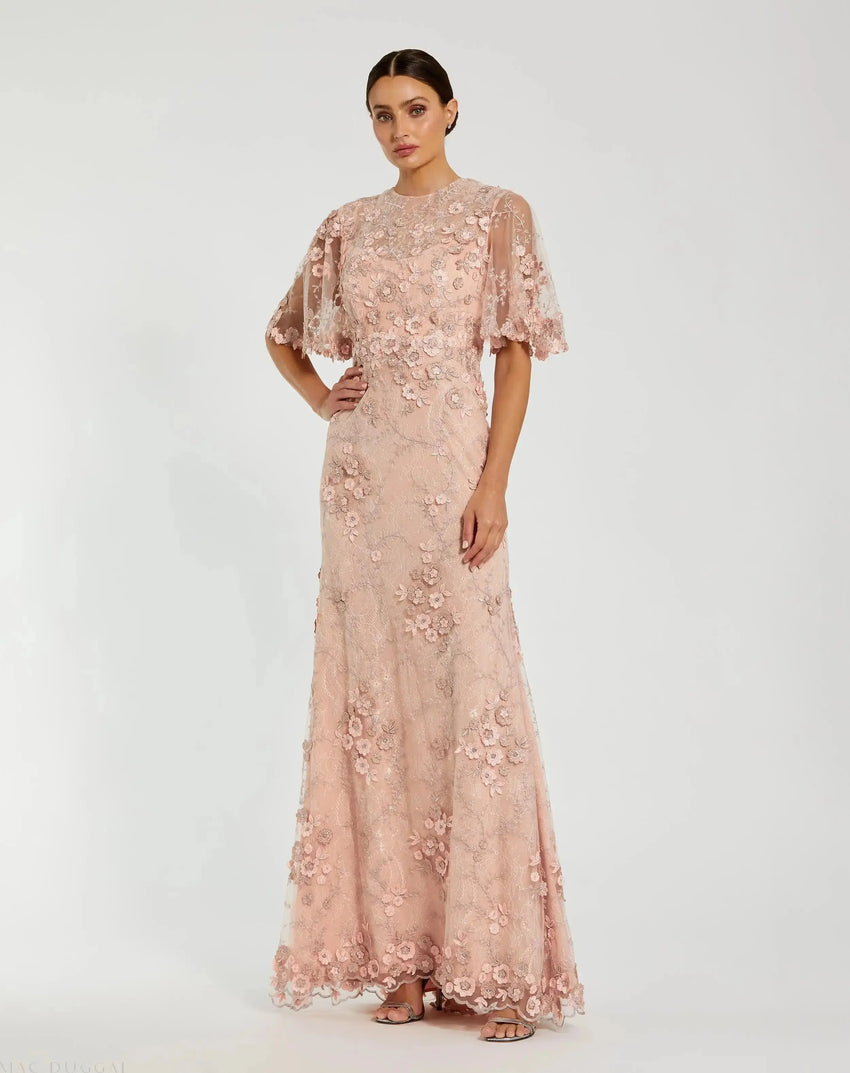 Pink Flutter Sleeve Floral Embroidered Net Gown