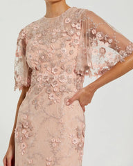 Pink Flutter Sleeve Floral Embroidered Net Gown