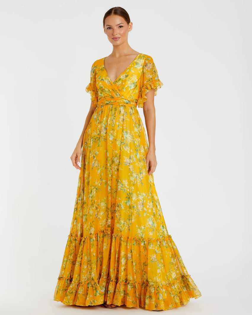 Yellow Multicolor Flounce Sleeve Floral Gown