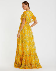 Yellow Multicolor Flounce Sleeve Floral Gown