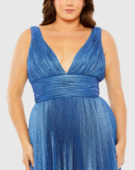 Blue V-Neck Ombre Pleated Gown