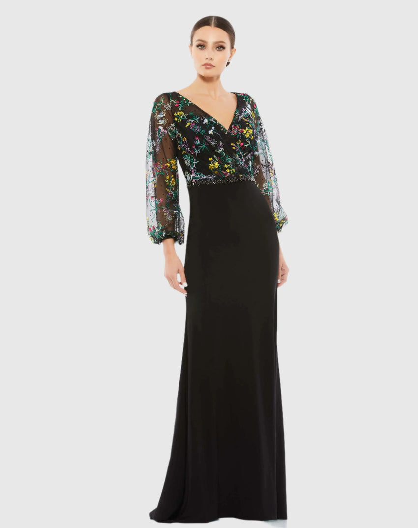 Black Embroidered Illusion Puff Sleeve Gown
