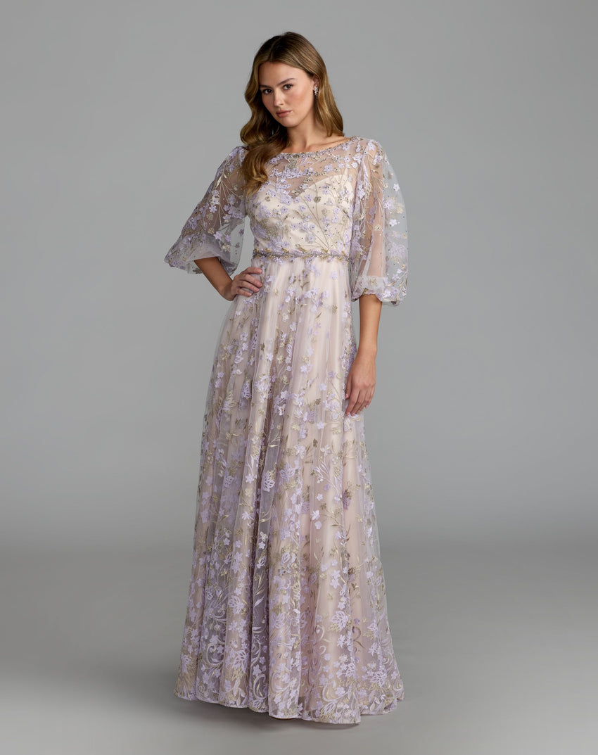 Purple Embroidered A-Line Gown With 3/4 Puff Sleeves