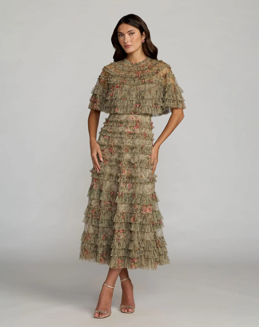 Olive Floral Ruffle Midi Dress With Cape