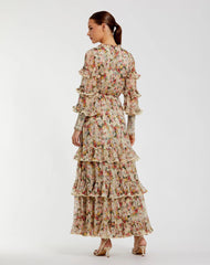 Beige Floral Tiered Ruffle Midi Dress with Long Sleeves