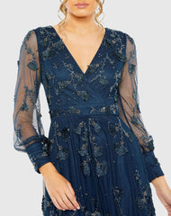 Navy Mesh Long Sleeve V-Neck Tiered A Line Gown