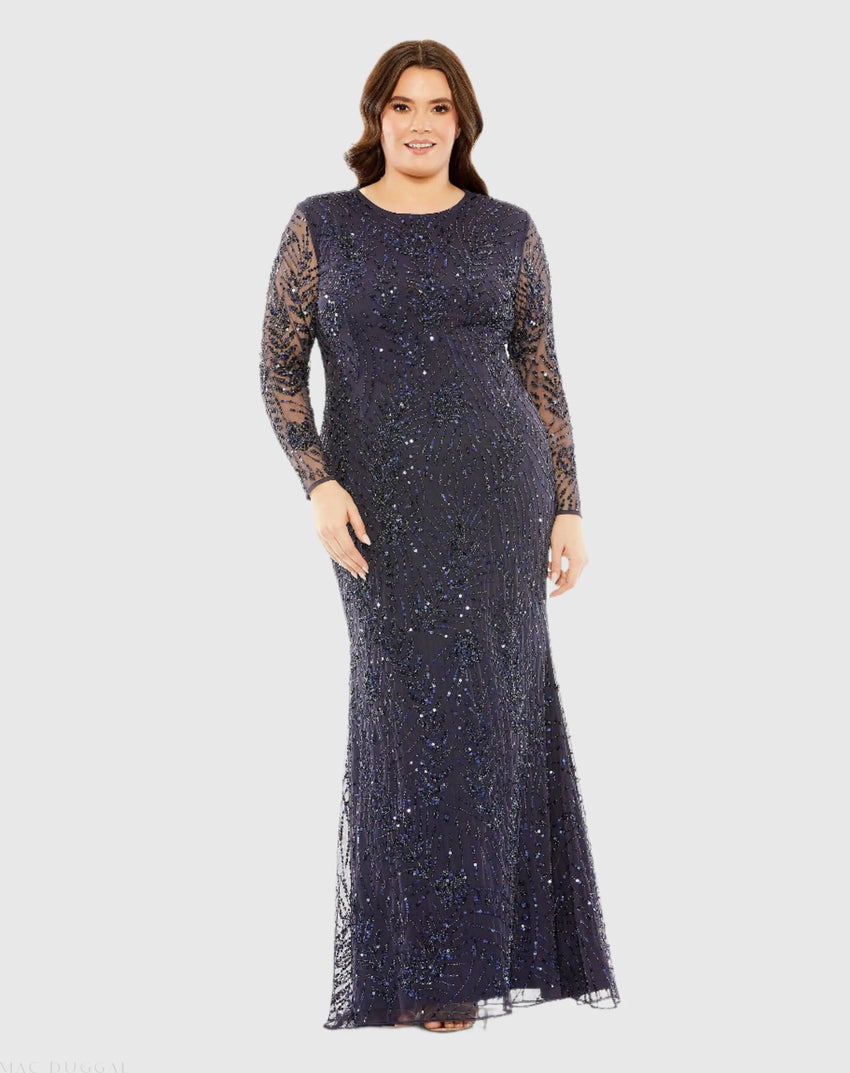 Navy Long Sleeve Mesh Embellished Gown