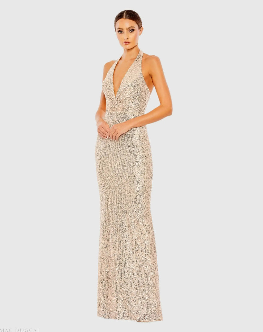 Gold Sequined Halter Strap Plunge Neck Gown