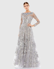 Gray Embroidered Illusion Neckline A-Line Evening Gown