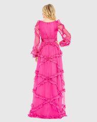 Pink Ruffle A-line Gown with Sheer Long Sleeves