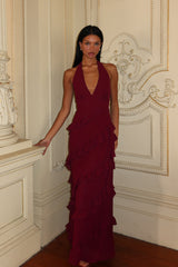 Flirt Frill Trim Halter Maxi Dress Wine