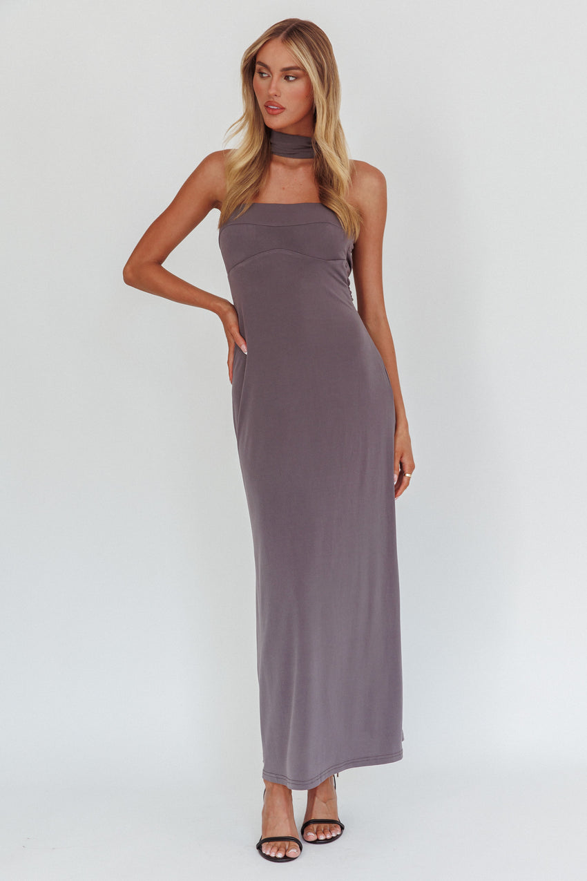 damsel reverse halter maxi dress oyster Charcoal – HALLIE IN THE SKY Mable