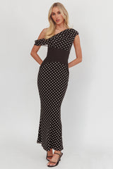 Milos Asymmetric Neckline Maxi Dress Black Dot