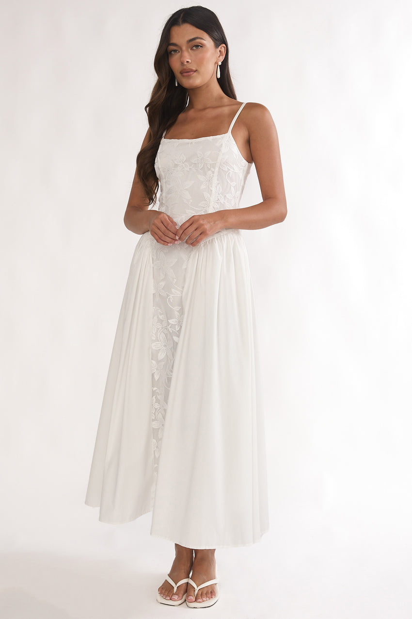 Seluna Gathered Waist Maxi Dress Embroidered Cream
