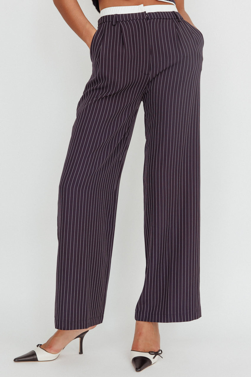 Lilija Pinstripe Double Waistband Wide-Leg Pants Navy