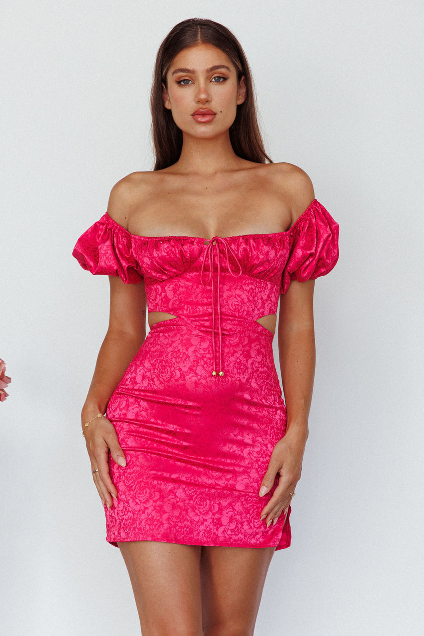Eryn Puff Sleeve Jacquard Mini Dress Hot Pink