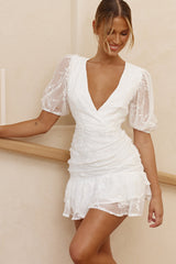 Cherry Blossom Puff Sleeve Wide Ruffle Hem Dress White