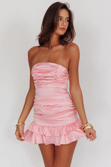 Annabella Strapless Tied Back Frill Hem Mini Dress Baby Pink