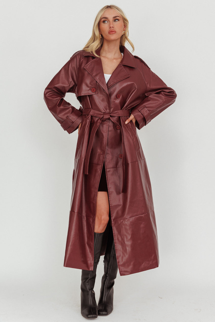 Lyora Longline Faux Leather Trench Coat Burgundy