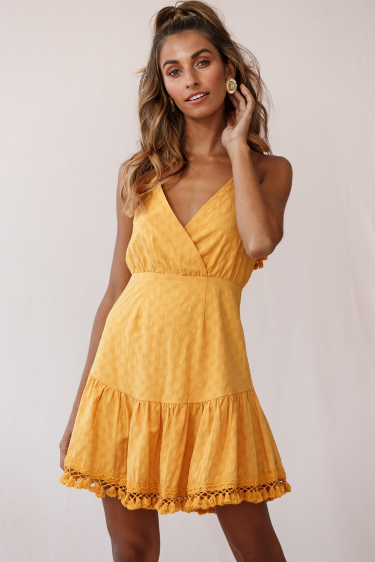 Lazy Days Tied Back Tassel Trim Dress Mustard